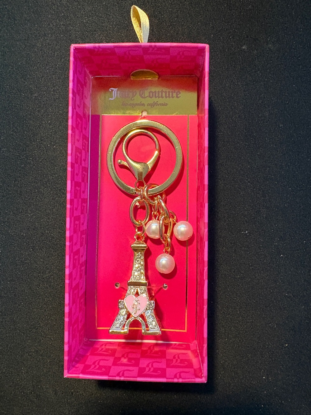 Juicy Couture Gold and Pink Eiffel Tower Key & Card Holder with Pearl Charms